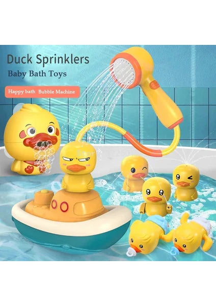 Frog-Style Bath Toys with Yellow Duck Electric Spinning Sprinkler Shower Toy