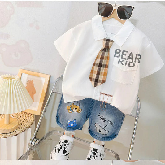 Boys Outfit Set – Tie Shirt & Embroidered Denim Shorts (Ages 1-5 Years)