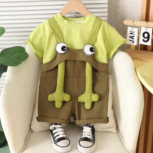 Boys & Girls Outfit Set – Green Frog Eyes T-Shirt and Overalls (Ages 1-5 Years)
