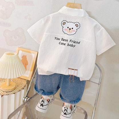 Boys Outfit Set – Tie Shirt & Embroidered Denim Shorts (Ages 1-5 Years)