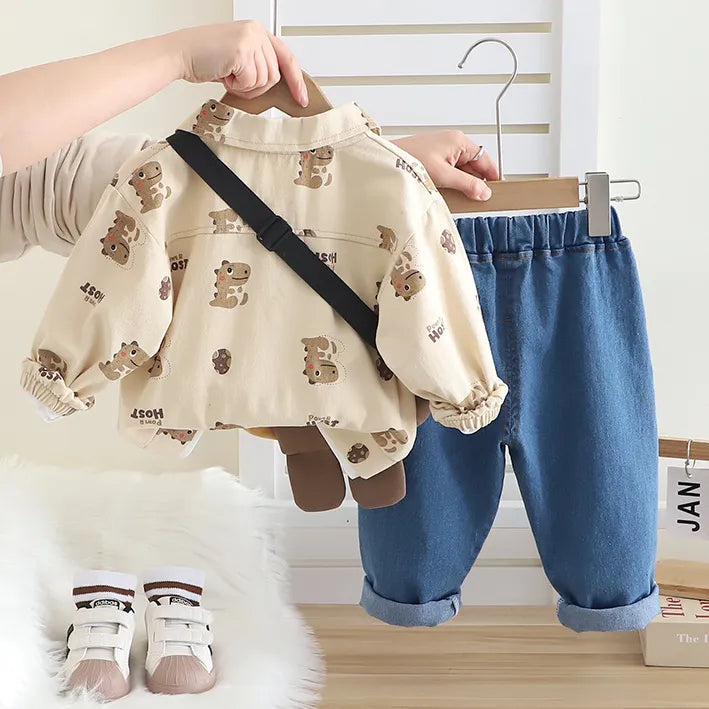 Unisex Kids 3-Piece Outfit Set with Dino Bag (Ages 1-5 Years)