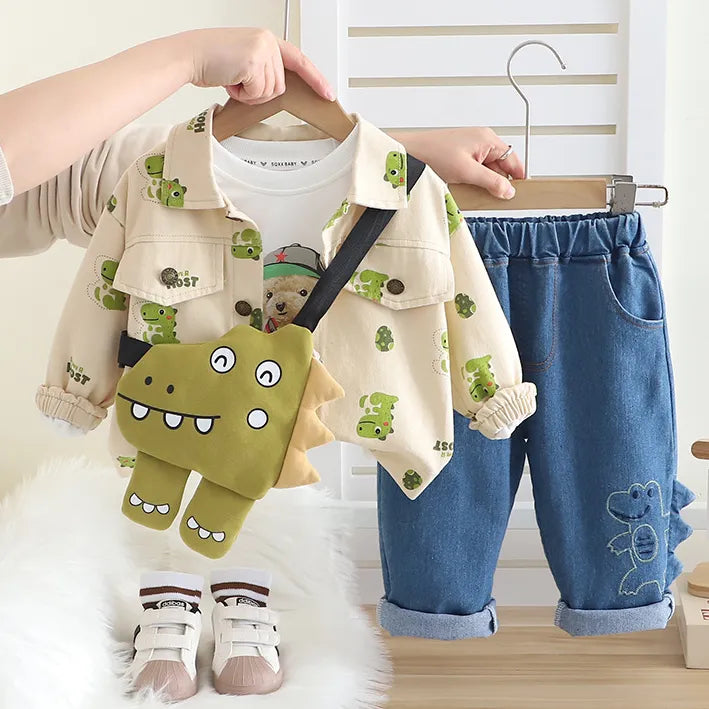 Unisex Kids 3-Piece Outfit Set with Dino Bag (Ages 1-5 Years)