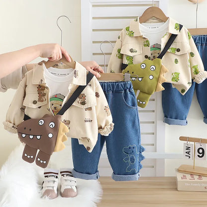 Unisex Kids 3-Piece Outfit Set with Dino Bag (Ages 1-5 Years)