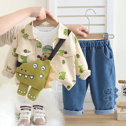 Unisex Kids 3-Piece Outfit Set with Dino Bag (Ages 1-5 Years)