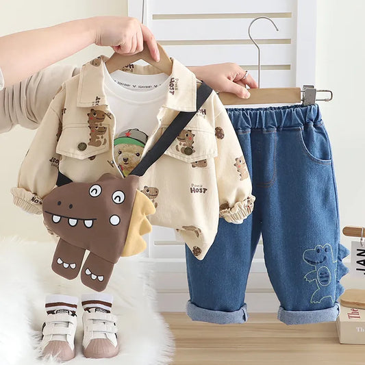 Unisex Kids 3-Piece Outfit Set with Dino Bag (Ages 1-5 Years)